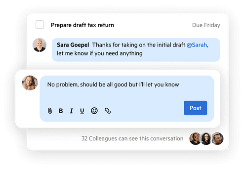 Interface utilisateur représentant les membres d'une équipe commentant un élément de travail.